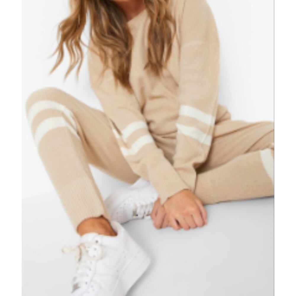 Boohoo Womens Cream Stripe Knitted Tracksuit Sporty Set Sz L